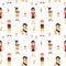 Sports girls (box, skateboarding, football, volleyball) minimalistic cartoon style vector seamless pattern