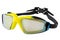 Sports goggles for swimming, yellow with black, with mirrored glasses, on a white background