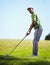 Sports, golf and black man aim for stroke in game, match and competition on golfing course. Recreation, hobby and