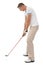 Sports, golf man and swing of club in studio isolated on a white background ready to start game. Training, golfer and