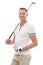 Sports, golf and portrait of man in studio isolated on a white background ready to start game. Training, golfer and