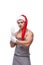 A sports guy with a bare torso in a apron, a Santa hat and gloves. Isolated on white.
