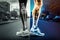 Sports injury of the feet and knees, illuminated by neon light. A man\\\'s legs