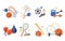 Sports items set. Glove and baseball bat fitness ball with hoops punching bag and skipping rope tennis racket active