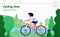 Sports landing. Woman cycling, fitness sport exercises. Person riding bicycle in forest park, enjoy healthy lifestyle