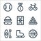 sports line icons. linear set. quality vector line set such as basketball ball, ice skates, kayak, billiard ball, soccer fields,