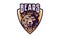 Sports logo with bear mascot. Colorful sport emblem with bear, grizzly mascot and bold font on shield background. Logo