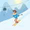 Sports man riding a winter ski on snow slope on background ski resort mountain