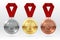 Sports medals. Golden silver bronze medal with red ribbon. Champion winner awards of honor vector isolated template