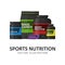 Sports nutrition containers packages, fitness protein power. Set of bodybuilding sport food. Jars and bottles with