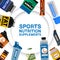 Sports nutrition supplement poster. Fitness. Protein shakers energy drinks. Vector illustration healthy food for