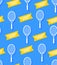 Sports pattern with badminton rackets and stickers. Flat style. Vector background