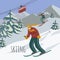 Sports people riding a winter ski on snow slope on background ski resort in mountains and ski lift. Vector flat