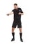 Sports referee, man and hand warning while pointing for soccer rules, penalty or fail in studio. Fitness coach sign for