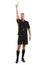 Sports referee, man and yellow card warning for soccer rules, penalty or fail in studio. Fitness coach color sign for