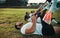 Sports, rugby or team and a man stretching his leg to warm up with red overlay to highlight a bone or muscle injury