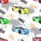 Sports seamless pattern for guys. Multicolored sports cars on gray blots