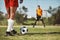 Sports, soccer field and legs of athlete with goalkeeper ready for penalty kick, game or competition for fitness health