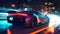 sports supercar accelerating with sheer power on a neon-lit night highway track