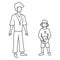 Sports teacher trains a student. Sketch. A man with a whistle around his neck and a boy in a cap with a soccer ball.