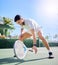 Sports, tennis and leg injury on court after training, game or match. Tennis player, healthcare and male athlete drop