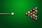 Sports theme with billiards, a full set of billiard balls, cue, on a green background. top view, flat lay, copy space, snooker.