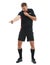 Sports, whistle and male referee in a studio pointing for a soccer game or exercise training. Fitness, professional and