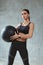 Sports Woman In Black Stylish Sport Clothes With Fitness Ball