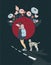 Sports young girl on a long board in the summer rides on the road with dog dalmatian. flower and red moon in night sky. extreme