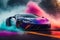 Sportscar adorned multicolor fog captured in a stunning Photography piece generated by Ai