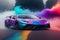 Sportscar adorned multicolor fog captured in a stunning Photography piece generated by Ai