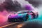 Sportscar adorned multicolor fog captured in a stunning Photography piece generated by Ai