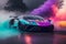 Sportscar adorned multicolor fog captured in a stunning Photography piece generated by Ai