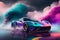 Sportscar adorned multicolor fog captured in a stunning Photography piece generated by Ai