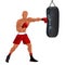 Sportsman boxing punching bag. Professional boxer in red shorts and gloves hitting sandbag vector illustration.