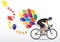 Sportsman cycling with balloons and letter Happy New Year on white background