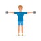 Sportsman engaged physical exercises, raises arms or hand with dumbbells.