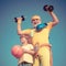 Sportsman grandfather and healthy kid with basketball ball on blue sky background. Grandfather and son doing exercises