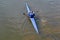 Sportsman on a kayak top view. Ðerial Top View of Man Kayaking on river