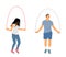 Sportsman skipping jump rope vector illustration. Woman fitness instructor. Sport couple exercise in gym. Athlete skipping rope.