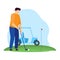 Sportsman vector illustration, cartoon flat man golfer character playing golf on green grass field, striking ball