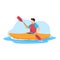 Sportsman vector illustration, cartoon flat man kayaker character kayaking, riding and paddling boat canoe isolated on