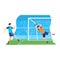 Sportsman vector illustration, cartoon flat professional man soccer player characters jumping, playing football isolated