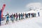 Sportsmans ski mountaineers at the starting line. Team Race ski mountaineering. Kamchatka, Russia