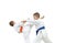 Sportsmen are doing paired exercises karate on a white background