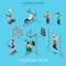 Sportsmen pumping iron and exercise in gym icon set