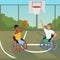 Sportsmen on wheelchairs playing with ball. Sports basketball court. Athletes with physical disabilities. Active