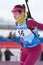 Sportswoman biathlete Anastasia Ivchenko Kamchatka skiing on distance biathlon complex. Open regional youth biathlon
