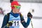 Sportswoman biathlete Polina Yegorova Kazakhstan in action after rifle shooting