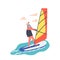 Sportswoman Character Sailing Summertime Water Sport Activity. Woman Riding Sea Waves by Sail, Relax at Summer Vacation